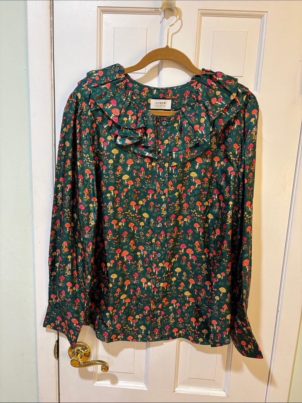 J. Crew Forest Green Floral Ruffle-Trim Blouse